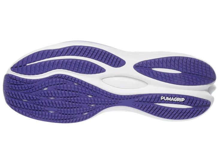 Women's Puma Velocity Nitro 3. Light Blue upper. White midsole. Bottom view.