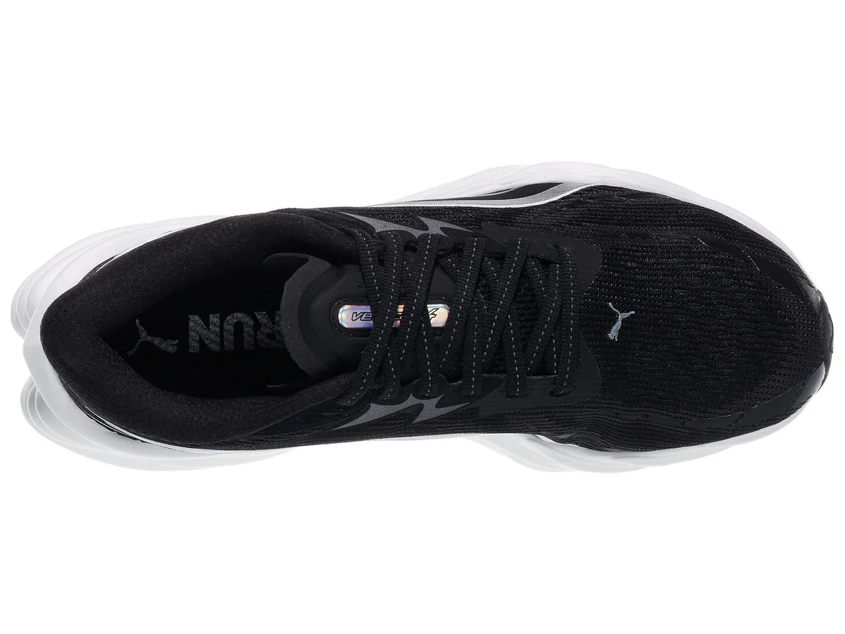 Women's Puma Velocity Nitro 4. Black upper. White midsole. Top view.