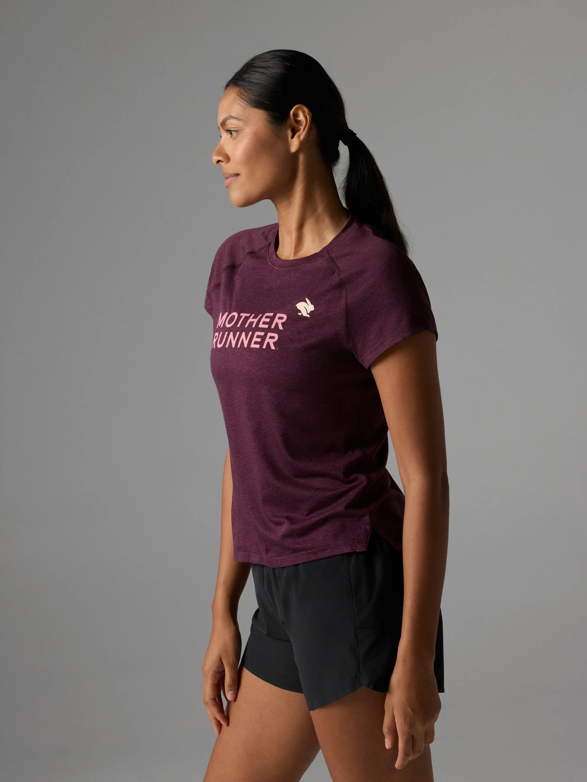 Women's rabbit EZ Tee Short Sleeve in Mauve Mother Runner, side view