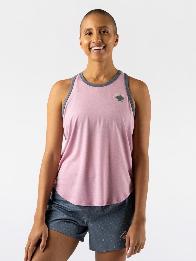 Women's Rabbit On the Go Tank. Pink print. Front view.