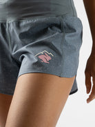 Women's Rabbit Summit Chasers 4". Grey and blue, with pink and white small dots. Pink log. Front view, up close.