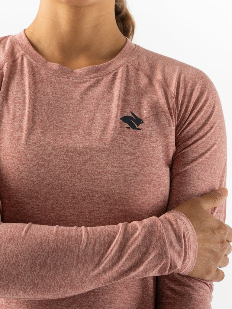 Women's rabbit EZ Long Sleeve Tee. Pink. Front view.