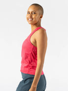 Women's rabbit EZ Vee Tank. Red. Lateral view.