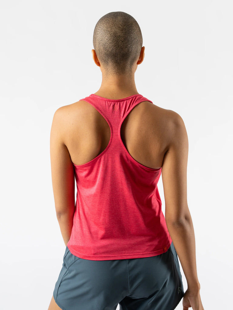 Women's rabbit EZ Vee Tank. Red. Rear view.