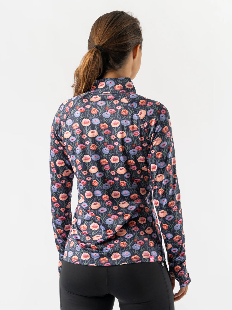 Women's rabbit EZ Zip 2.0 Long Sleeve. Floral print. Rear view.