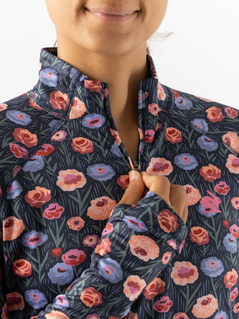 Women's rabbit EZ Zip 2.0 Long Sleeve. Floral print. Front view.