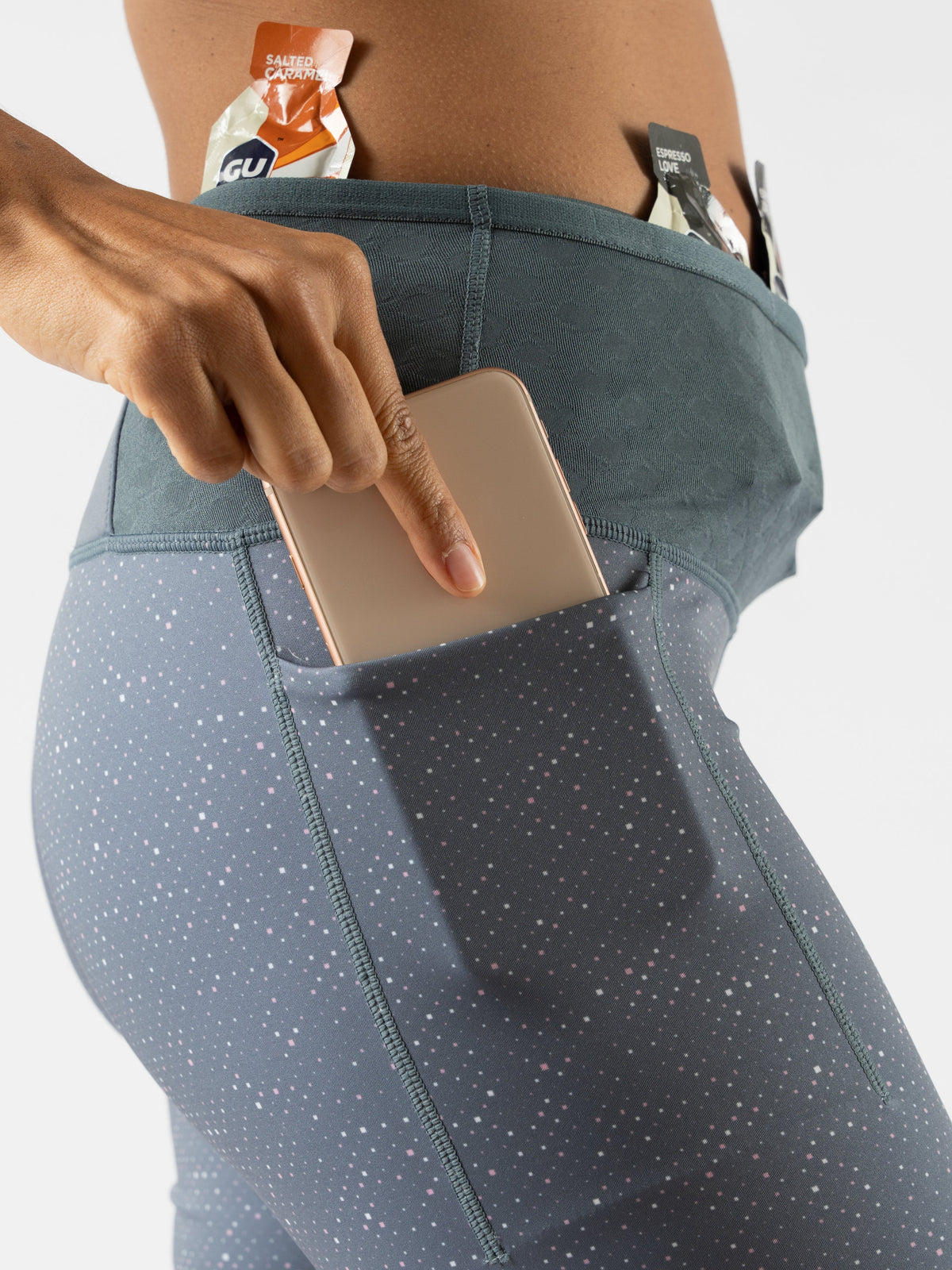 Women's Rabbit Leggy Shashems 5". Grey print with white and pink dots. Lateral view.
