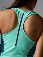 Women's Rabbit Tempo Tank Cropped. Dark and light teal colorway. Back view.
