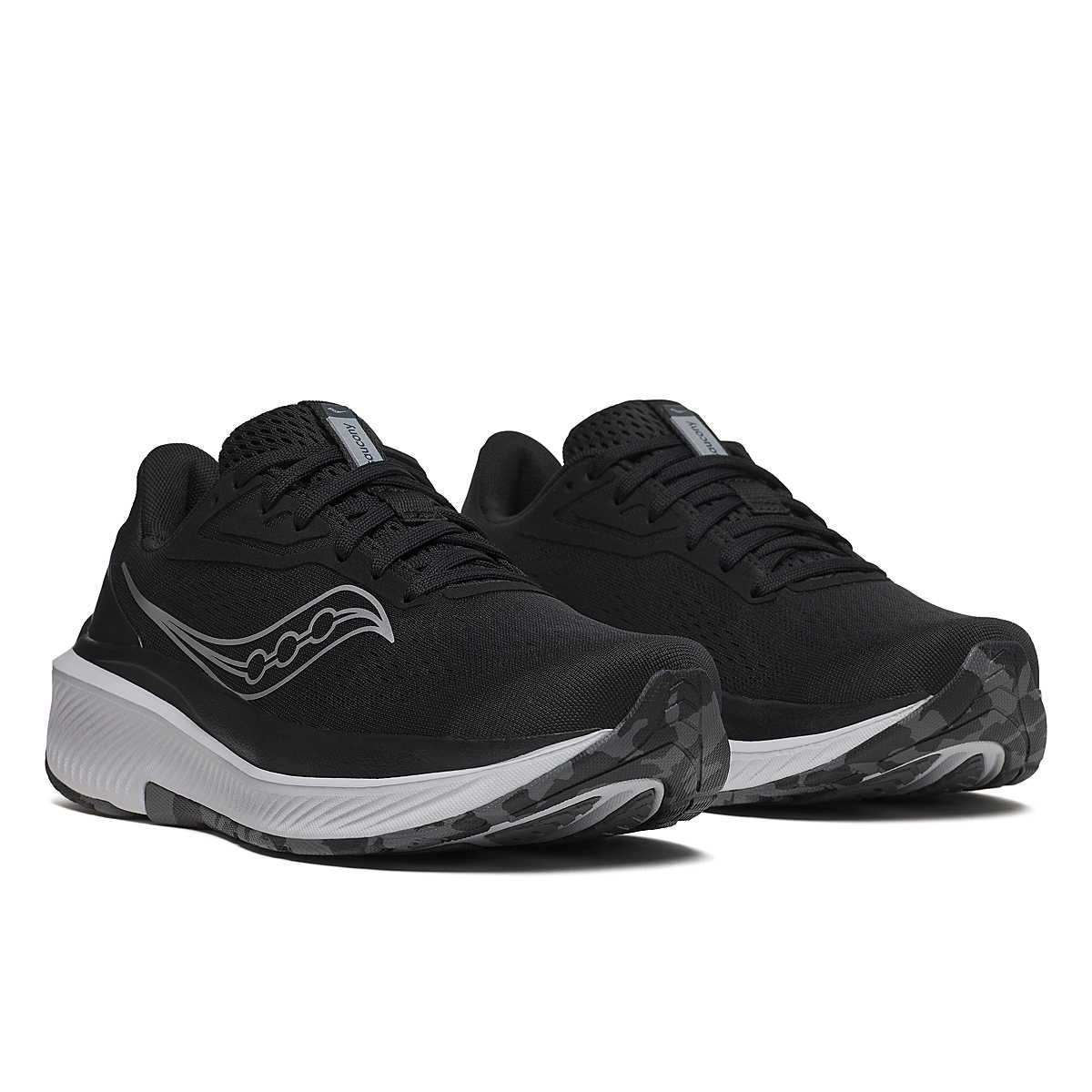 Women's Saucony Echelon 10. Black upper. Grey midsole. Lateral view.