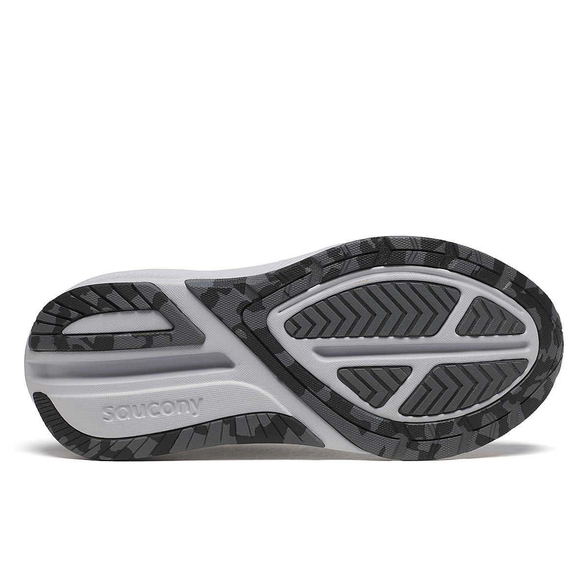 Women's Saucony Echelon 10. Black upper. Grey midsole. Bottom view.