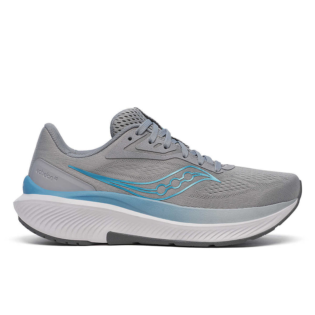 Women's Saucony Echelon 10. Grey upper. Blue and white midsole. Blue logo. Lateral view.