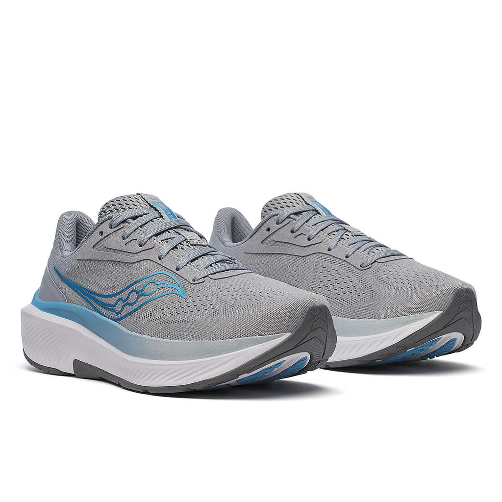 Women's Saucony Echelon 10. Grey upper. Blue and white midsole. Blue logo. Lateral view.