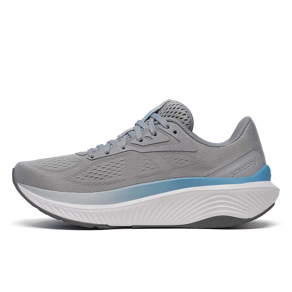Women's Saucony Echelon 10. Grey upper. Blue and white midsole. Medial view.