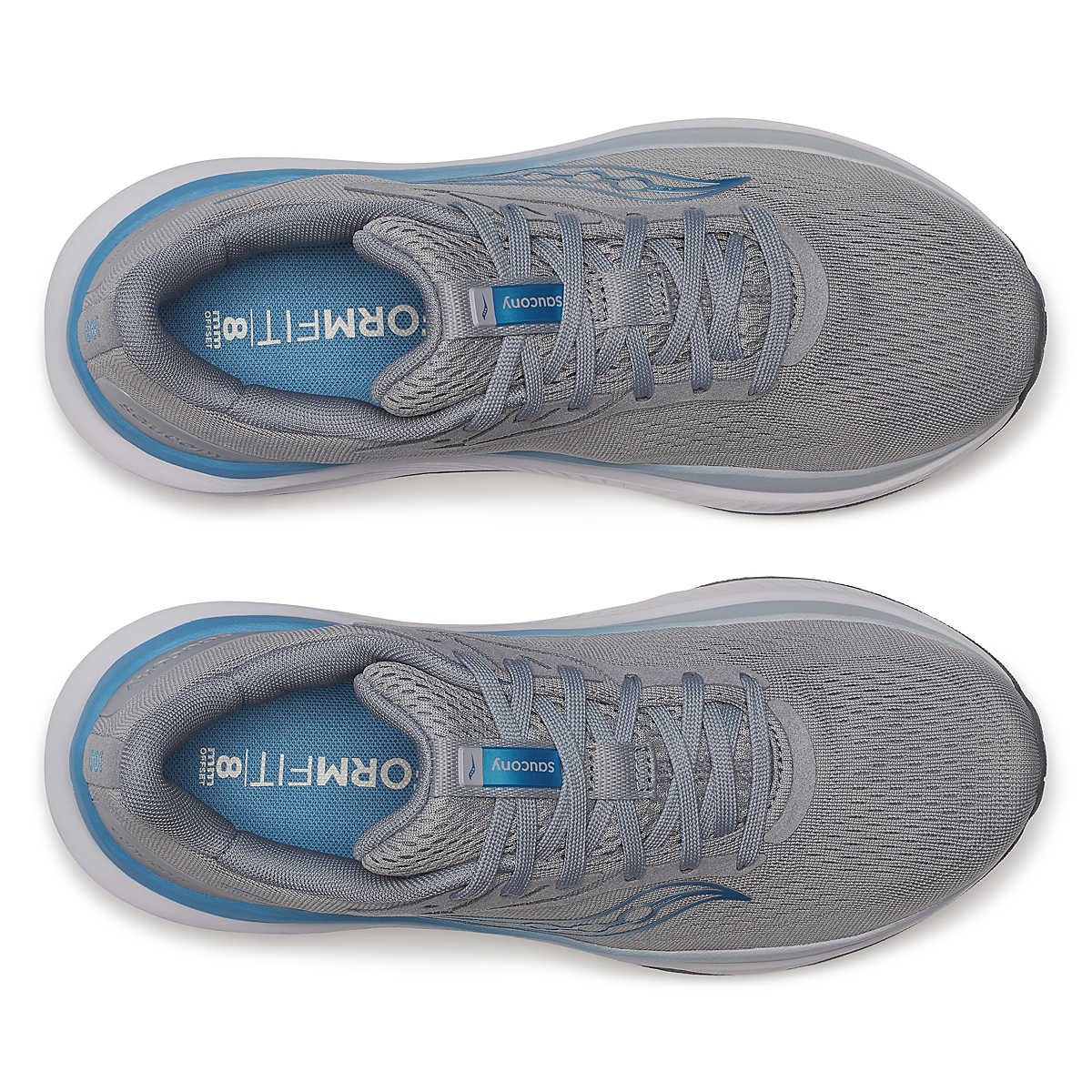 Women's Saucony Echelon 10. Grey upper. Blue and white midsole. Blue logo. Top view.