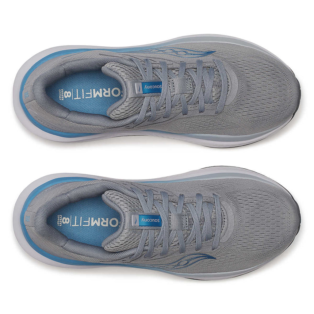 Women's Saucony Echelon 10. Grey upper. Blue and white midsole. Blue logo. Top view.