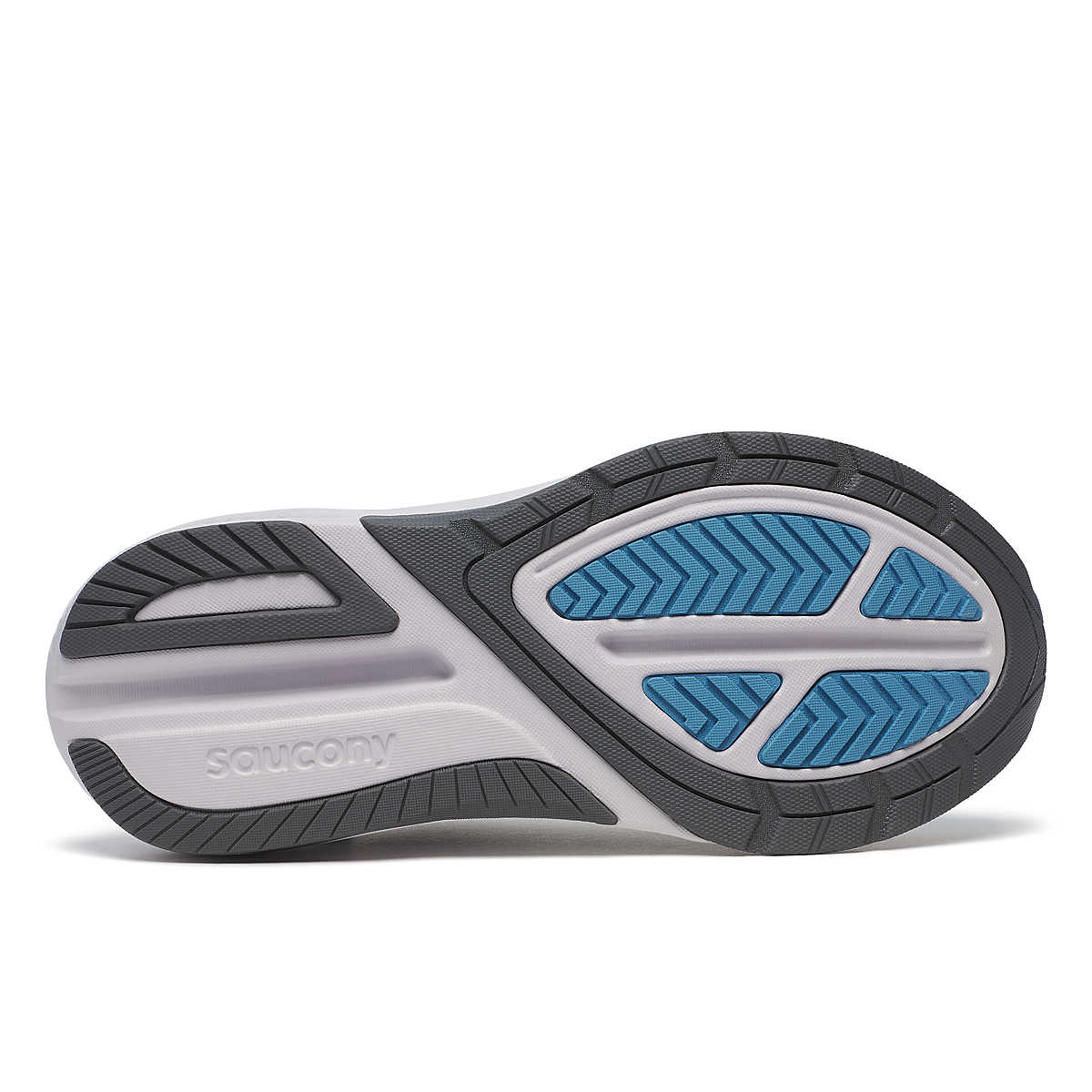 Women's Saucony Echelon 10. Grey upper. Blue and white midsole. Blue logo. Bottom view.