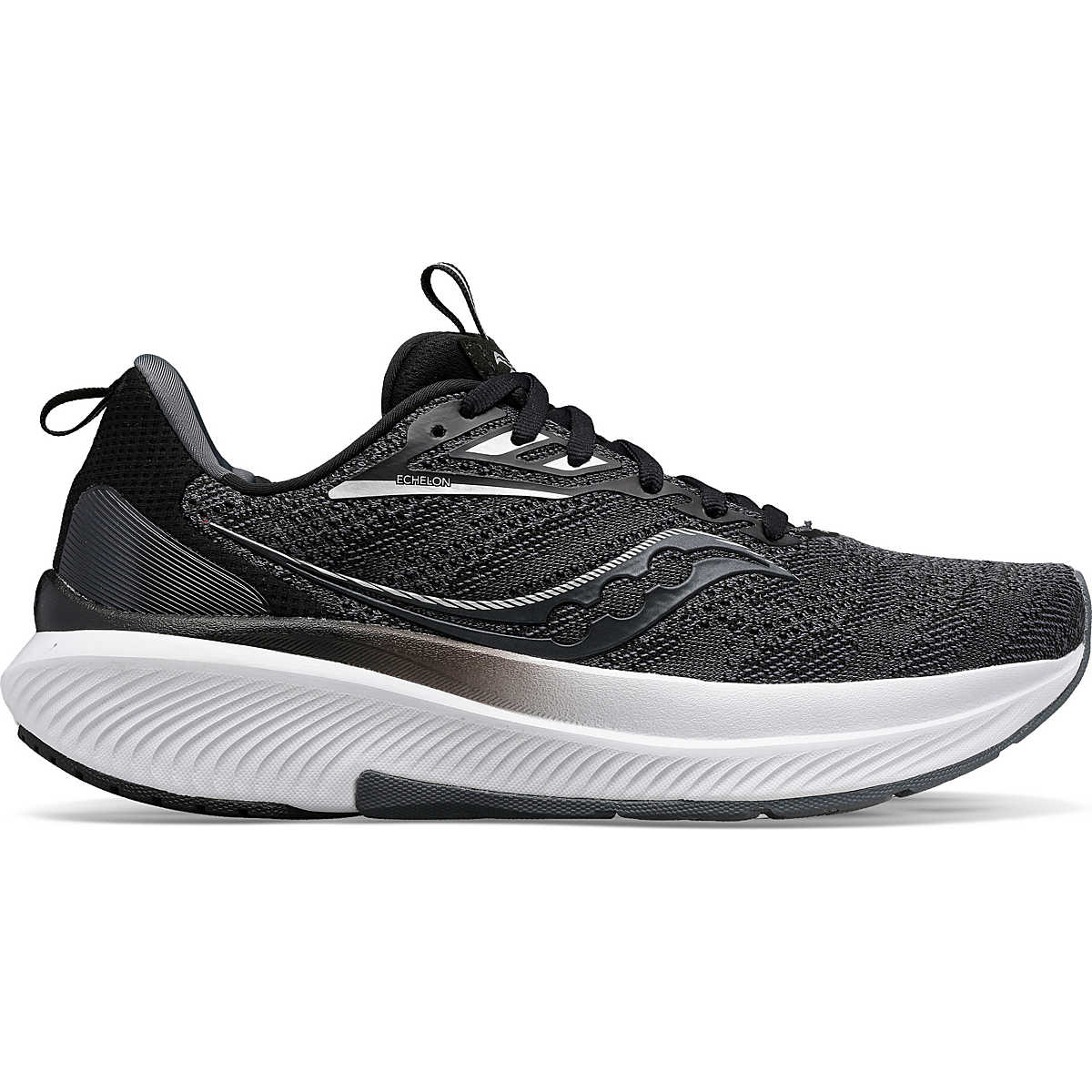 Women's Saucony Echelon 9. Black upper. White midsole. Lateral view.