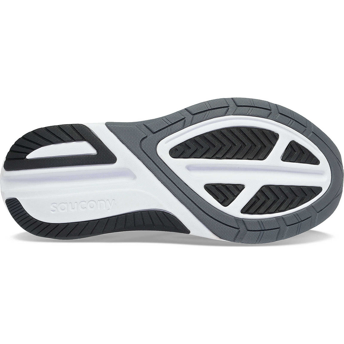 Women's Saucony Echelon 9. Black upper. White midsole. Bottom view.