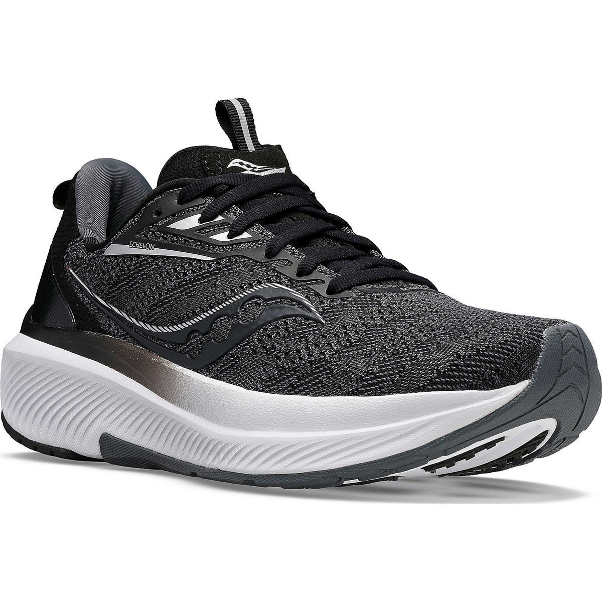 Women's Saucony Echelon 9. Black upper. White midsole. Lateral view.