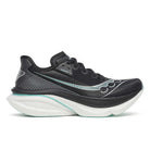 Women's Saucony Endorphin Azura. Black and light blue upper. White midsole. Lateral view.
