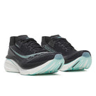Women's Saucony Endorphin Azura. Black and light blue upper. White midsole. Lateral view.