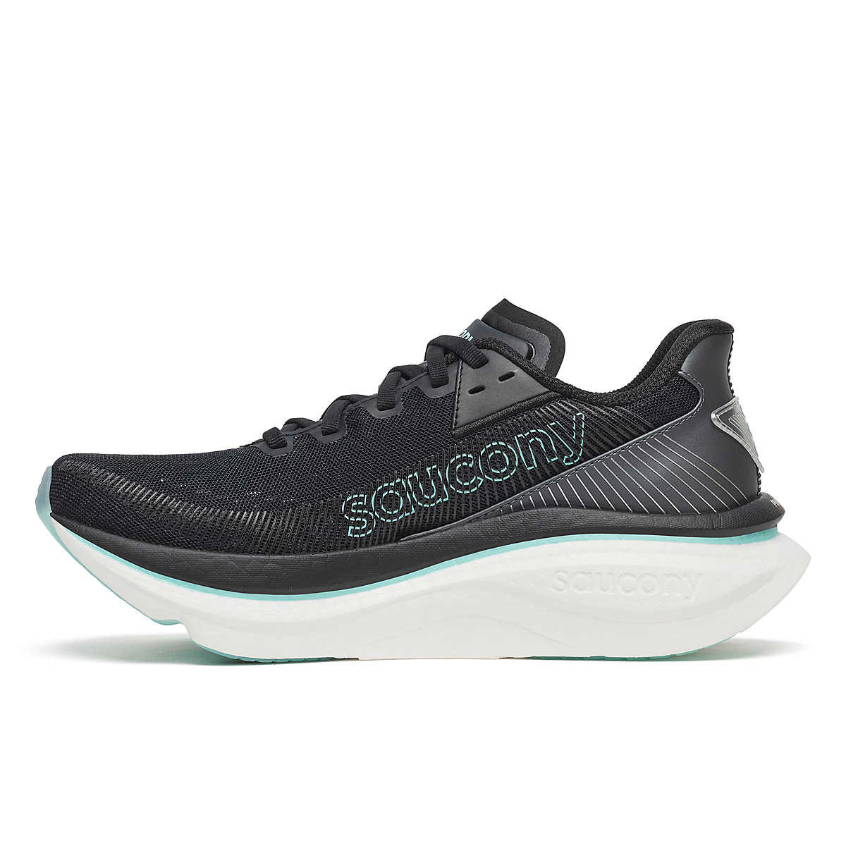 Women's Saucony Endorphin Azura. Black and light blue upper. White midsole. Medial view.