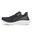 Women's Saucony Endorphin Azura. Black and light blue upper. White midsole. Medial view.