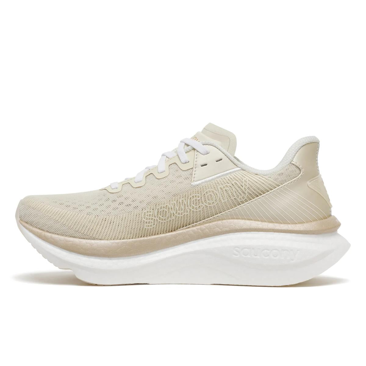 Women's Saucony Endorphin Azura. Beige upper. White midsole. Medial view.