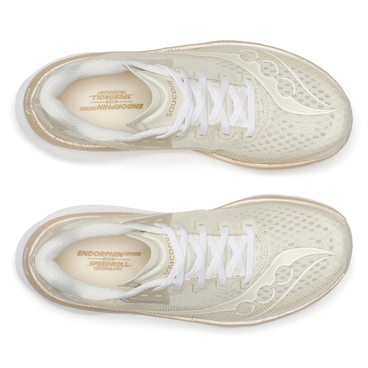 Women's Saucony Endorphin Azura. Beige upper. White midsole. Top view.