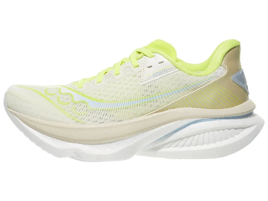 Women's Saucony Endorphin Azura. Light yellow upper. White midsole. Lateral view.