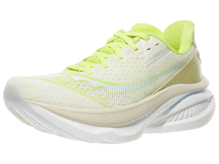 Women's Saucony Endorphin Azura. Light yellow upper. White midsole. Lateral view.