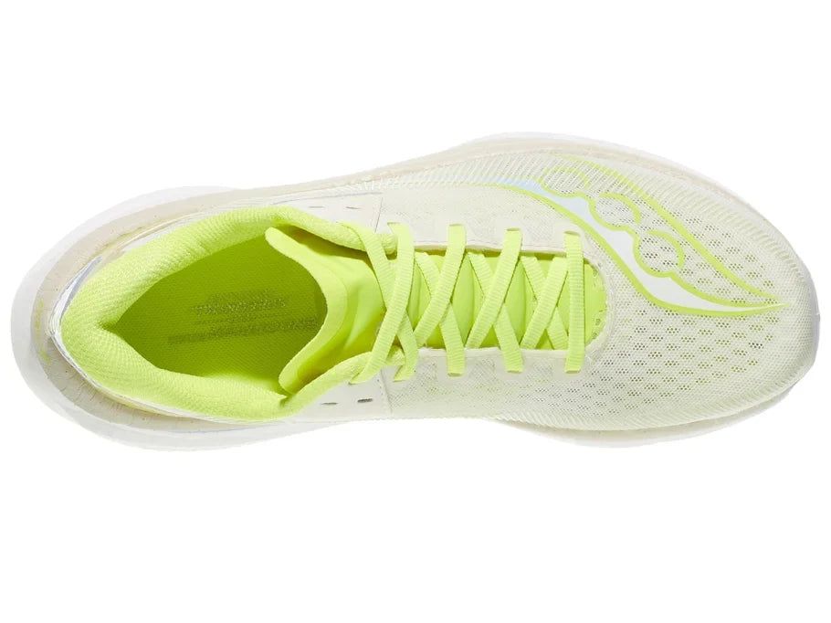 Women's Saucony Endorphin Azura. Light yellow upper. White midsole. Top view.