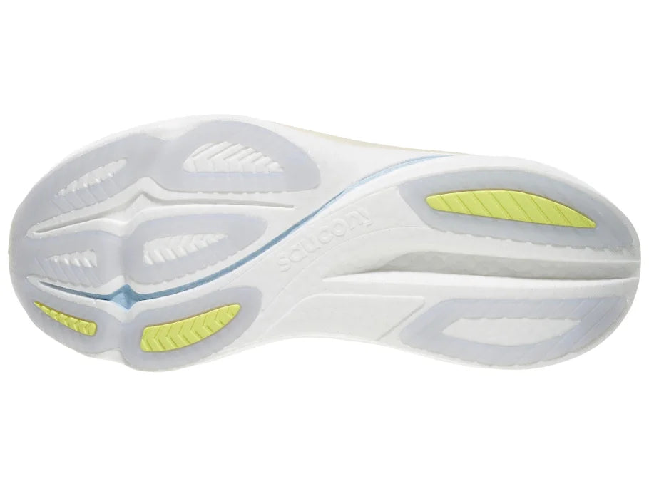 Women's Saucony Endorphin Azura. Light yellow upper. White midsole. Bottom view.