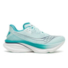 Women's Saucony Endorphin Azura. Light green upper. White midsole. Lateral view.