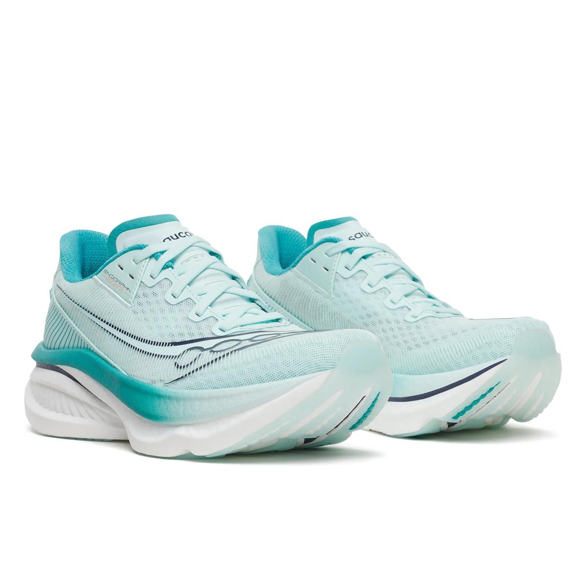 Women's Saucony Endorphin Azura. Light green upper. White midsole. Lateral view.