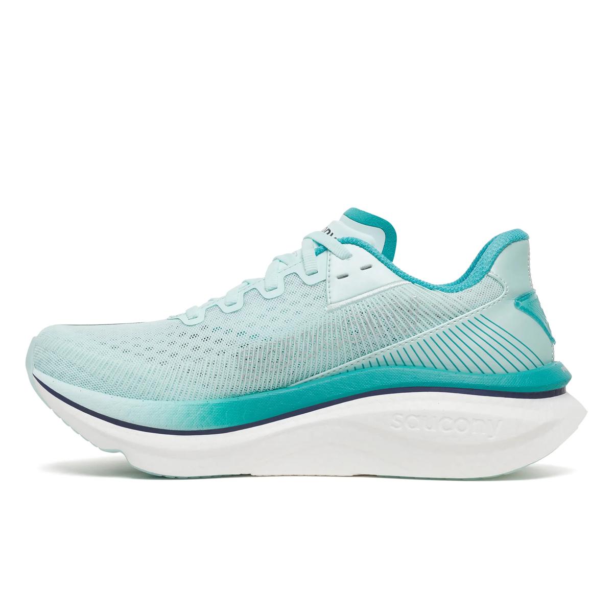 Women's Saucony Endorphin Azura. Light green upper. White midsole. Medial view.