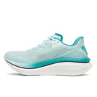 Women's Saucony Endorphin Azura. Light green upper. White midsole. Medial view.