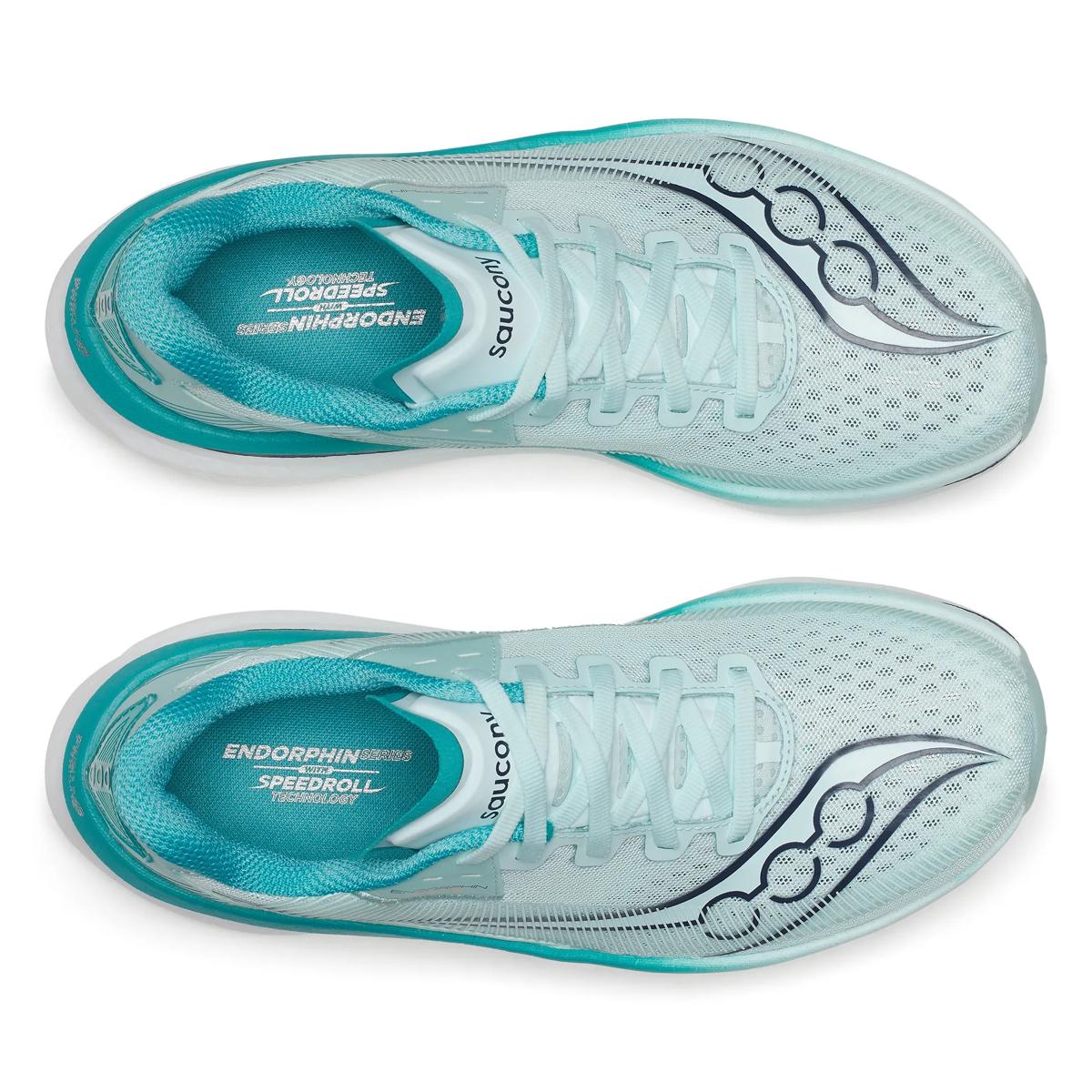 Women's Saucony Endorphin Azura. Light green upper. White midsole. Top view.