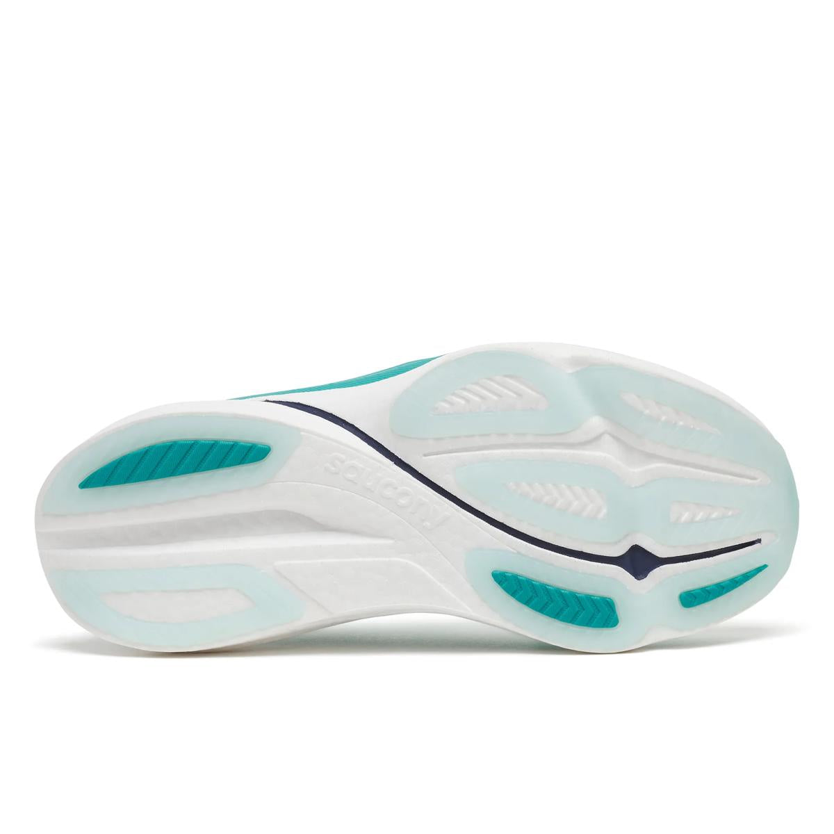 Women's Saucony Endorphin Azura. Light green upper. White midsole. Bottom view.