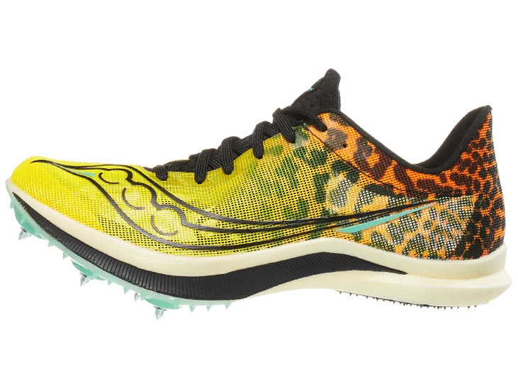 Women's Saucony Endorphin Cheetah. Cheetah upper. White midsole. Lateral view.