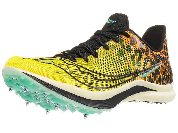 Women's Saucony Endorphin Cheetah. Cheetah upper. White midsole. Lateral view.