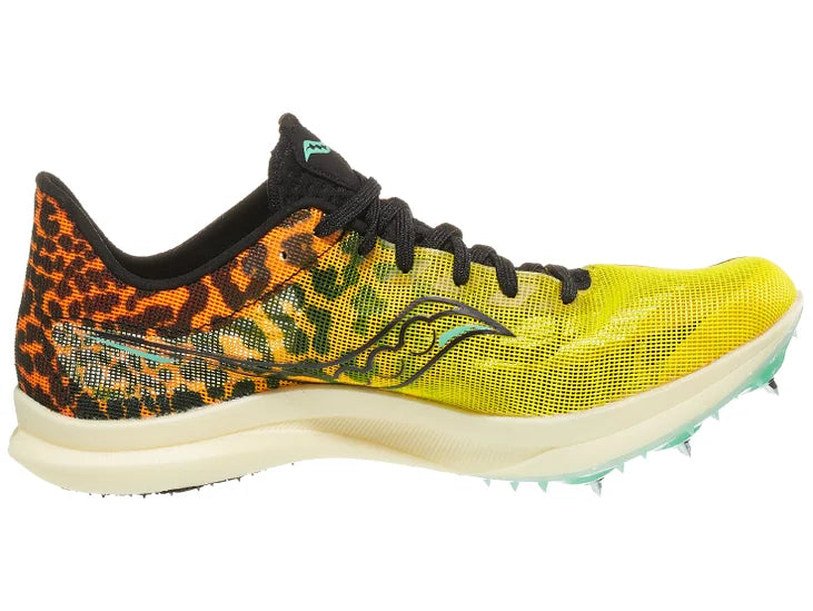 Women's Saucony Endorphin Cheetah. Cheetah upper. White midsole. Medial view.