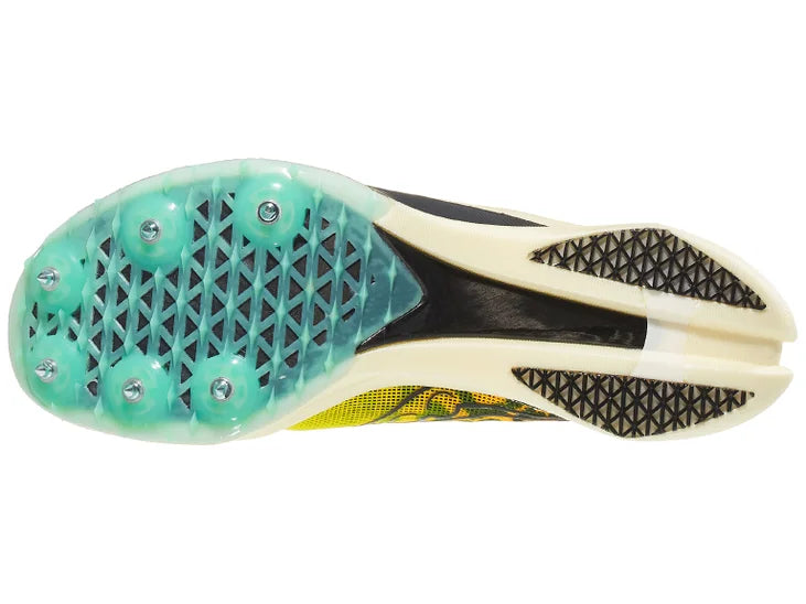 Women's Saucony Endorphin Cheetah. Cheetah upper. White midsole. Bottom view.