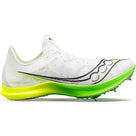 Women's Saucony Endorphin Cheetah. White upper. Green midsole. Lateral view.