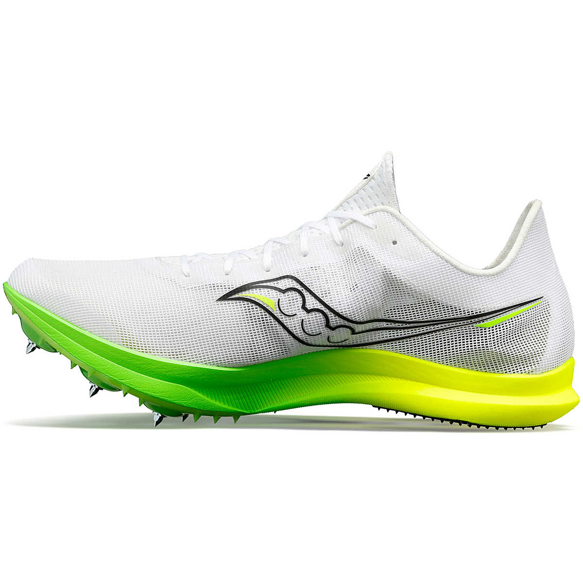 Women's Saucony Endorphin Cheetah. White upper. Green midsole. Medial view.