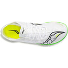 Women's Saucony Endorphin Cheetah. White upper. Green midsole. Top view.