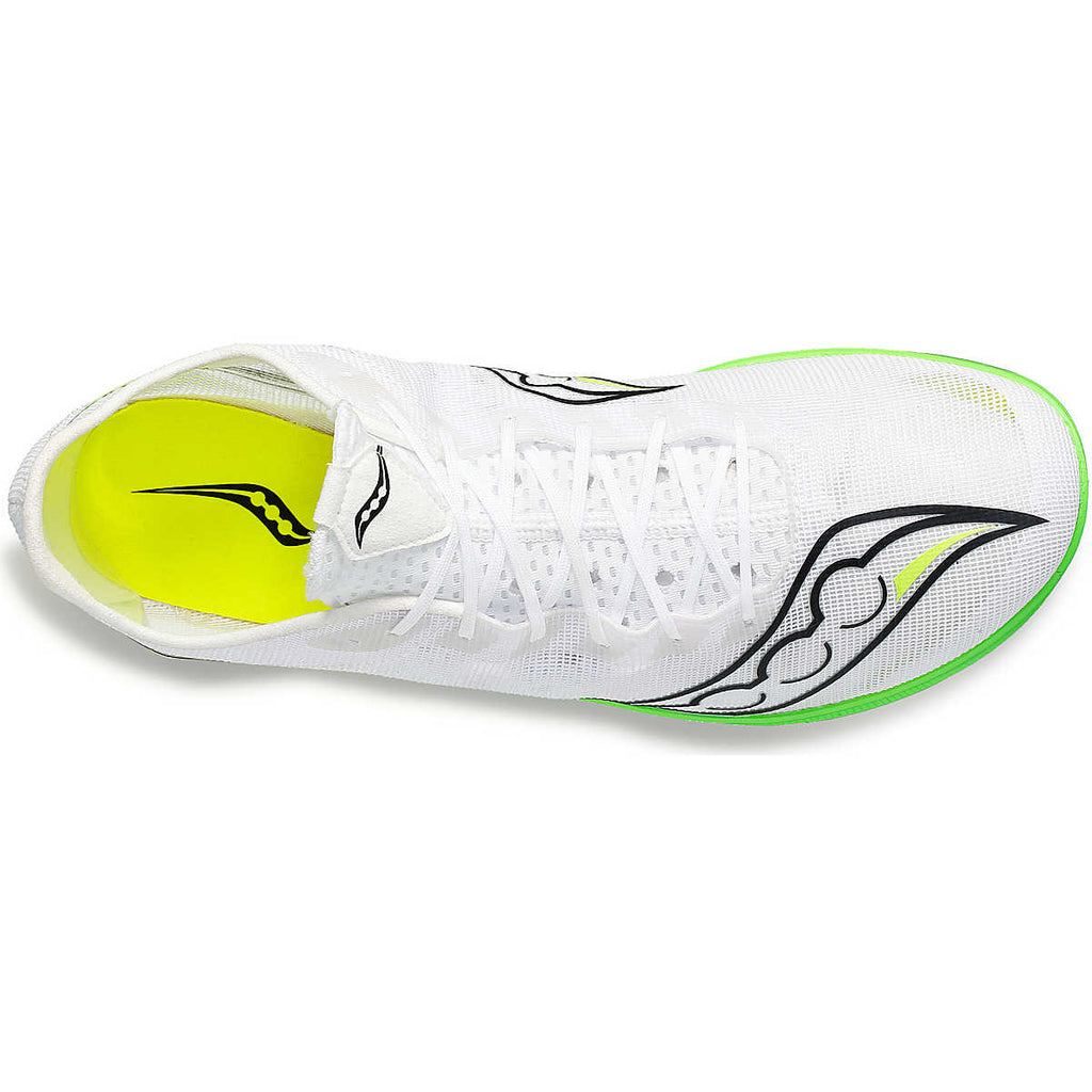 Women's Saucony Endorphin Cheetah. White upper. Green midsole. Top view.