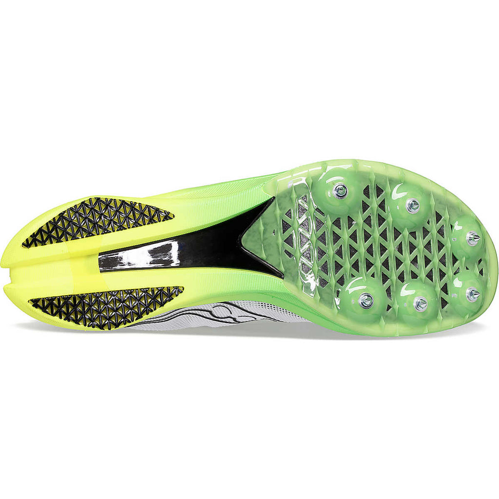 Women's Saucony Endorphin Cheetah. White upper. Green midsole. Bottom view.