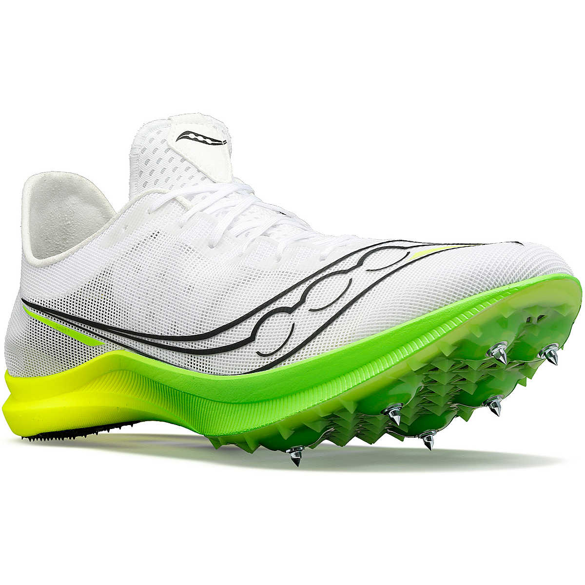 Women's Saucony Endorphin Cheetah. White upper. Green midsole. Lateral view.