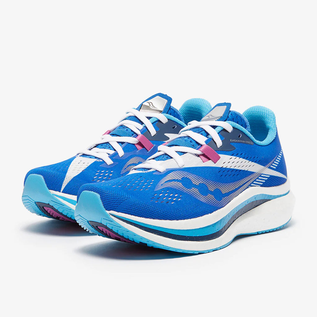 Women's Saucony Endorphin Pro 2. Blue upper. White midsole. Lateral view.